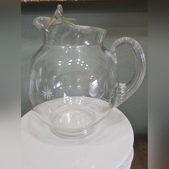 MCM Atomic Starburst Clear Glass Pitcher with Etched Design, 9" - Picture 1 of 5